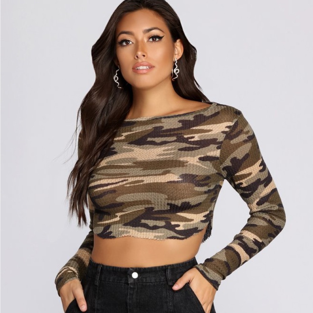 Windsor Camo Cutie Waffle Knit Thermal Crop Top XS